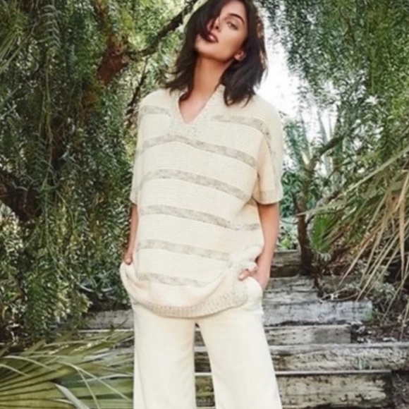 Vince Speckle Stitch Popover Stripe Marled V-Neck Tunic Sweater Womens M/L - Picture 1 of 8